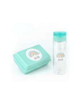 Pack Botella 600ml + Cajita Porta Alimentos Arcoíris Soft Menta personalizadasde Mi Pipo