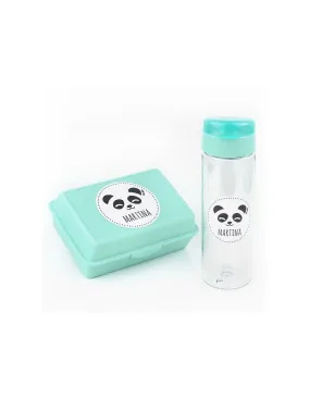 Pack Botella 600ml + Cajita Porta Alimentos Panda Menta personalizadas de Mi Pipo